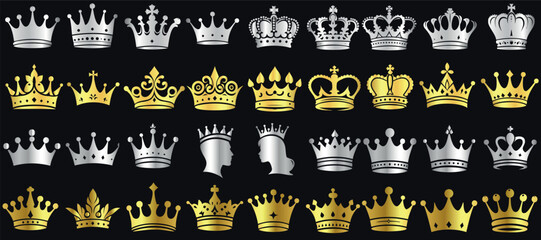 crown vector collection, Golden, silver royal crowns on black background, crown symbolizing luxury, power, prestige, and wealth. Perfect for branding, jewelry ads, and showcasing monarchy aristocracy
