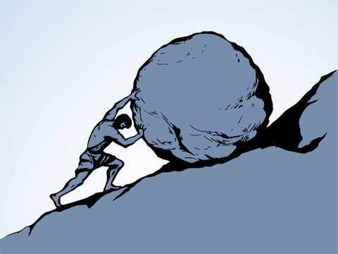 A man rolls a stone up the hill. Vector drawing