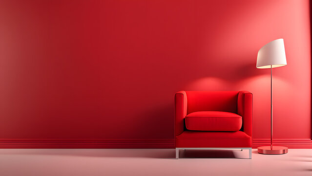 Advertisement perfect furniture ensemble. Highlight the allure of a 3D red wingback armchair and modern minimalist sofa set on a clean pastel background, suitable for captivating advertisements