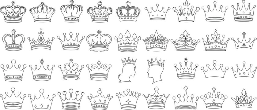Crown line art collection, royal, luxury, authority symbols, intricate crown design, artistic creativity, perfect for logo, branding, creative projects, showcasing diversity in crown designs