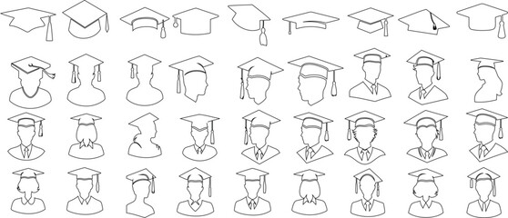 Graduation cap icons, diverse styles, outline design, symbolizing academic achievement. Perfect for school, college, university websites, apps, and educational platforms