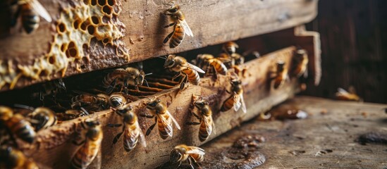 A group of bees is seen flying in and out of an old wooden beehive located in an apiary. The bees are busy on the frames inside the hive, carrying out their hive-related tasks. - obrazy, fototapety, plakaty
