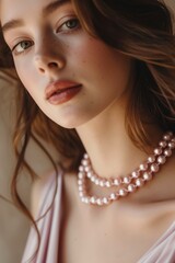 Portrait of an elegant woman in potpourri colored dress with pink pearl necklace on her neck.