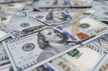 A hunderd new dollars 3d illustration. Cash of hundred dollar bills. A pile of one hundred US banknotes with president portraits.