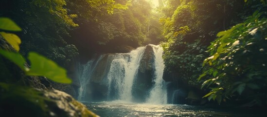 A large, powerful waterfall cascades down in the middle of a dense forest, creating a mesmerizing sight. The rushing water flows through the lush greenery, dominating the landscape with its sheer - obrazy, fototapety, plakaty
