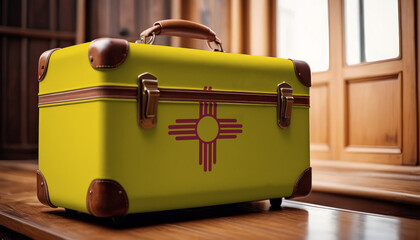 Old suitcase with flag of New Mexico on wooden background.