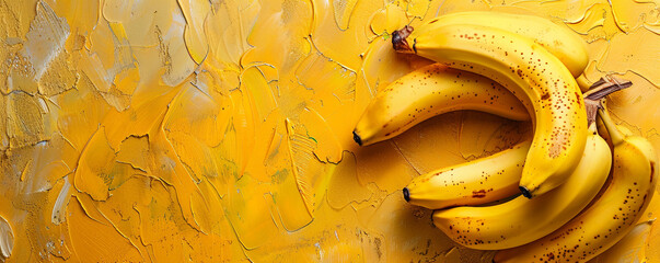 A bunch of ripe bananas on a yellow background. Tropical fruit concept. Top view space to copy.