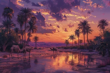 Poster A tranquil oasis scene at sunset with silhouettes of camels and towering palm trees reflected in water. Resplendent. © Summit Art Creations