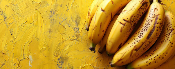 A bunch of ripe bananas on a yellow background. Tropical fruit concept. Top view space to copy.