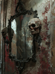 skulls and mirror in abandoned room - generative ai
