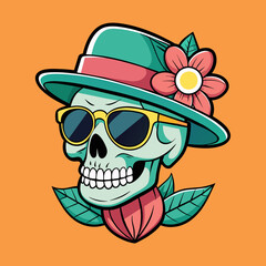 Man Skull with sunglasses and cap with flower tshirt sticker desgin