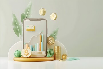 This image depicts mobile phone with money and plants illustrating modern business concept in the style of graphic design inspired illustrations, business finance and investment concept