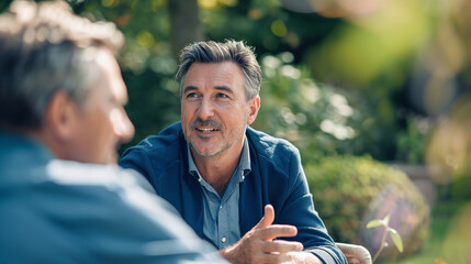 Fototapeta premium A relaxed outdoor coaching session, with a business coach and client discussing strategies in a casual setting, business coaching concept, blurred background, with copy space