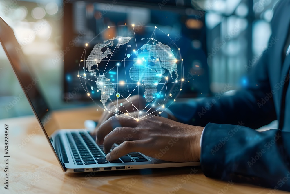 Poster businessman in suit using laptop computer with globe on illustration connection of international net