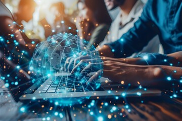 multiple exposure of person using laptop with global media link connection, connectivity of technology, global connections in business world, business finance and cyber security technology concept