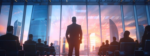 A digital illustration of a modern business meeting featuring silhouette of people on top of skyscrapers, company meeting, business finance seminar and investment concept - obrazy, fototapety, plakaty