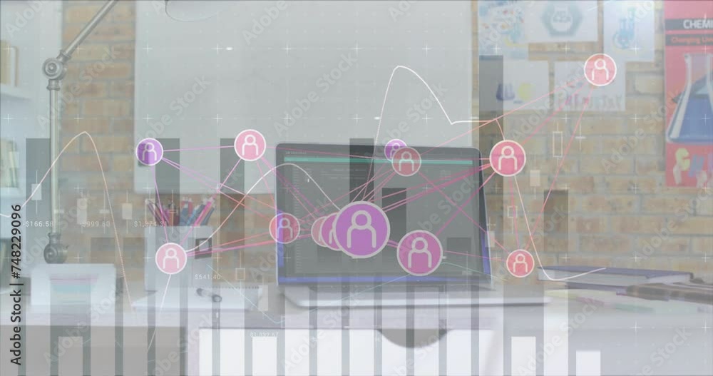 Poster animation of connections and data processing over computer in office