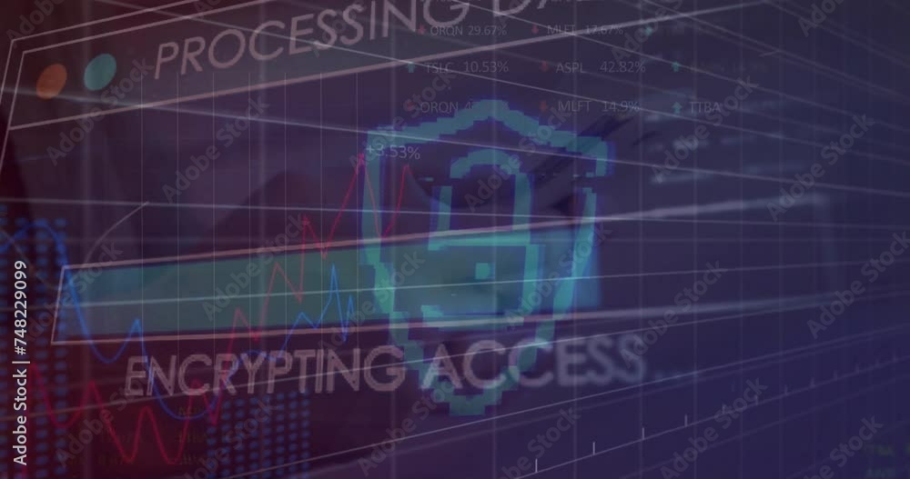 Poster animation of text, paldock and data processing over office