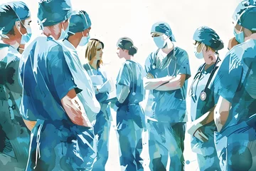 Foto op Canvas oil painting illustration of group of doctors in scrubs in the style of colorful ink wash paintings and fluid watercolor washes, medical team collaboration and communication in healthcare industry © Pravit