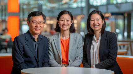 Trois personnes d'âge moyen en costume souriant dans un décors d'entreprise moderne et chaleureuse, un homme et deux femmes d'affaires, recruteurs