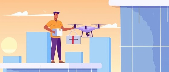 Delivery by drone. A quadcopter flies around the city with cargo.