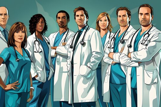 group of doctors in medical uniform and jacket depicted in the style of comic art and cartoon working together for one of the major corporations, surgery, medical technology, disease treatment concept