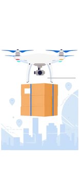 Delivery by drone. A quadcopter flies around the city with cargo.