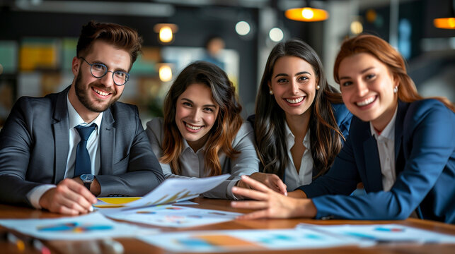 Quatre consultants ou chefs de projet juniors en costume souriant et plein d'ambition 