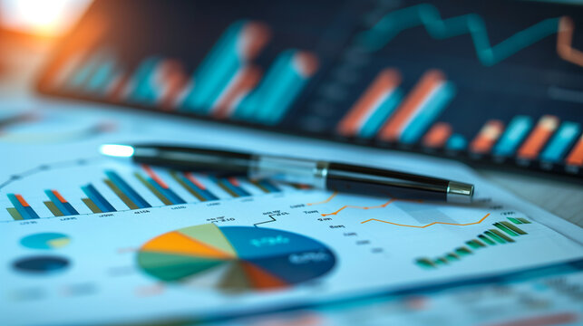 Graphiques et courbes représentées en version papier et digital, outil d'analyse financière, de reporting et de gestion de projet avec les principaux KPI's