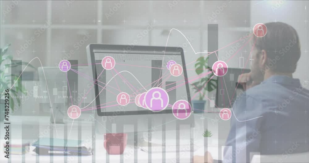 Poster animation of connections and data processing over caucasian businessman with computer in office