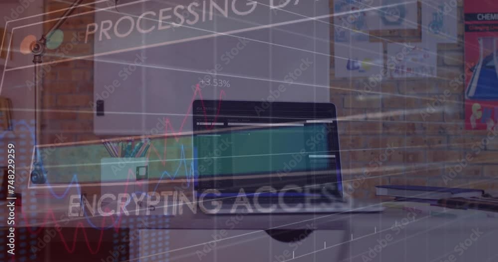 Poster animation of text and data processing over computer in office