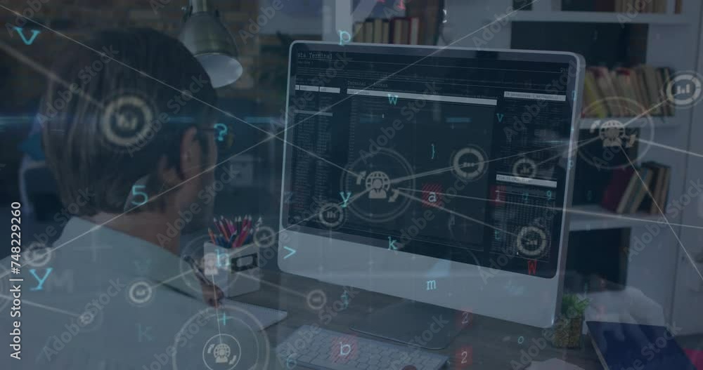 Poster animation of connections and data processing over caucasian businessman with computer in office