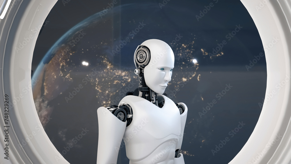 Poster xai 3d illustration futuristic robot, artificial intelligence cgi inside spaceship in space universe