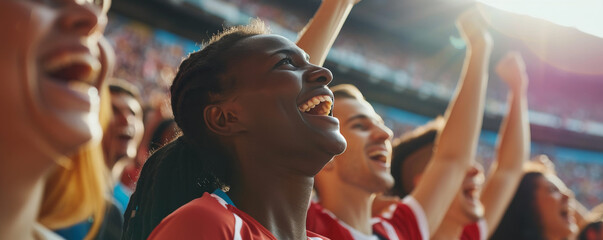 Close-Up of Fans Cheering in Vibrant Stadium
 - obrazy, fototapety, plakaty