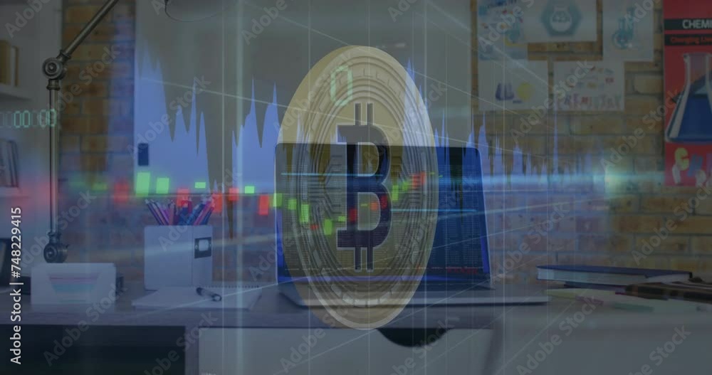 Poster animation of bitcoin and data processing over computer in office