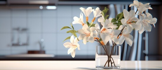 A white vase sits on top of a wooden table, filled with freshly bloomed white flowers. The delicate petals contrast with the dark table, creating a simple yet elegant display.
