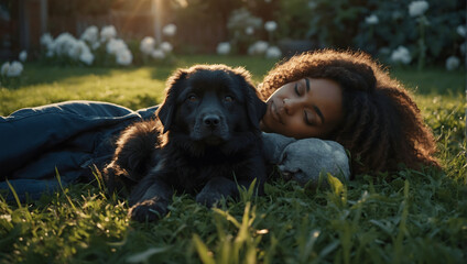 woman with puppy in the garden