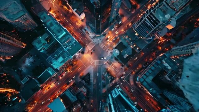 Nighttime Aerial View of Bustling City Intersection with Glowing Traffic Lights and Urban Architecture for Metropolitan Backgrounds