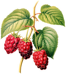  ripe Raspberries with stems and leaves in a side view PNG, in botanical art, fresh fruit-themed, isolated, and transparent photorealistic illustration. Generative ai