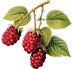 Obraz premium ripe Raspberries with stems and leaves in a side view PNG, in botanical art, fresh fruit-themed, isolated, and transparent photorealistic illustration. Generative ai