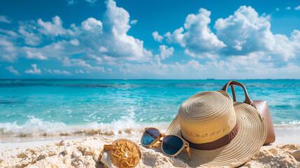 A straw hat, beach bag, and sunglasses laid out on the pristine sands of a tropical beach, basking in the warm sunlight against the backdrop of azure waters and clear skies 