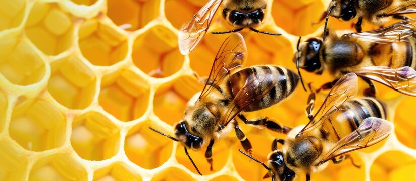 A group of bees are busy collecting nectar from the honeycomb, working diligently to fill the cells with sweet honey. Some bees are in motion while others are focused on their task.