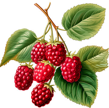  ripe Raspberries with stems and leaves in a side view PNG, in botanical art, fresh fruit-themed, isolated, and transparent photorealistic illustration. Generative ai
