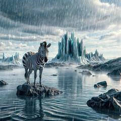 Fototapeta na wymiar Zebra's Journey: Exploring Water, Rock, Ice, and Rain. Zebra on the Rock in the Rain: Portrait of a Wet Animal. Surrounded by Water and Ice. Scene of Wild Nature. generative, ai