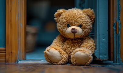 A cute brown Teddy bear toy sits at the doorway