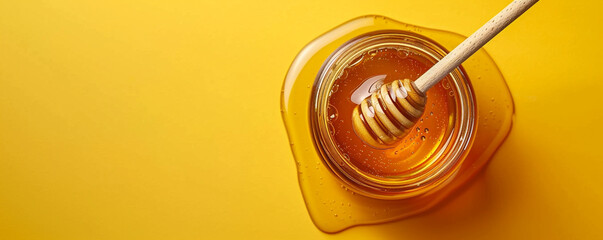 A jar of honey and a honey dipper on a yellow background. Natural sweetener with health benefits. Top view space to copy.