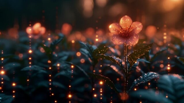 An abstract digital garden with various plants and flowers representing different tax savings and investments. Each plant is labeled with its respective tax cate such as retirement