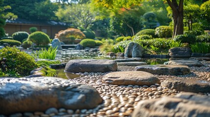 An intricately designed Japanese garden featuring a small waterfall, koi pond, and well-placed stones, exuding harmony and peace. Resplendent.