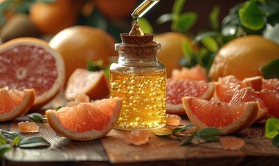 Dripping grapefruit essential oil from pipette into bottle and fresh fruit on table, closeup.