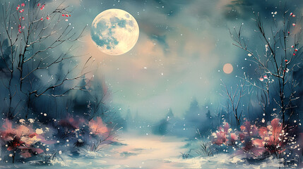 Obraz na płótnie Canvas Illustration of a Moonlight on a grunge background with snow and floral edges 